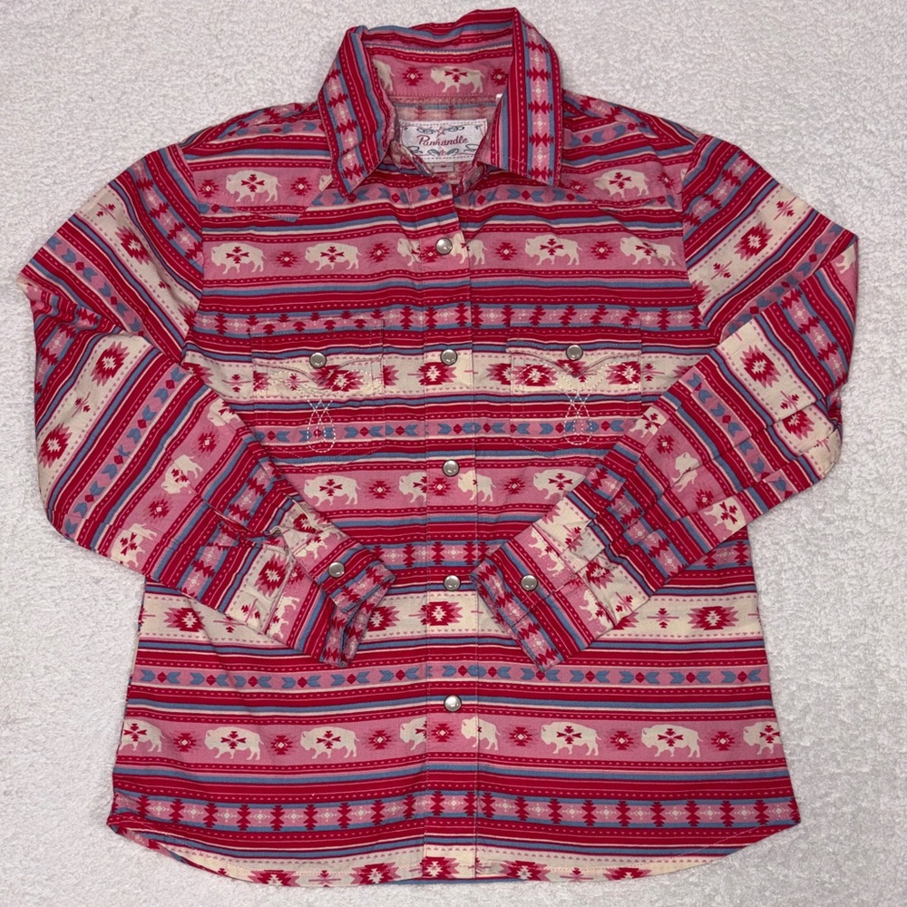 Panhandle western pearl snap Aztec buffalo print long sleeve pink girls small